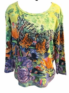 Vintage Take Two Butterfly Garden Art Top Cotton 3/4 Sleeve XL Colorful Floral